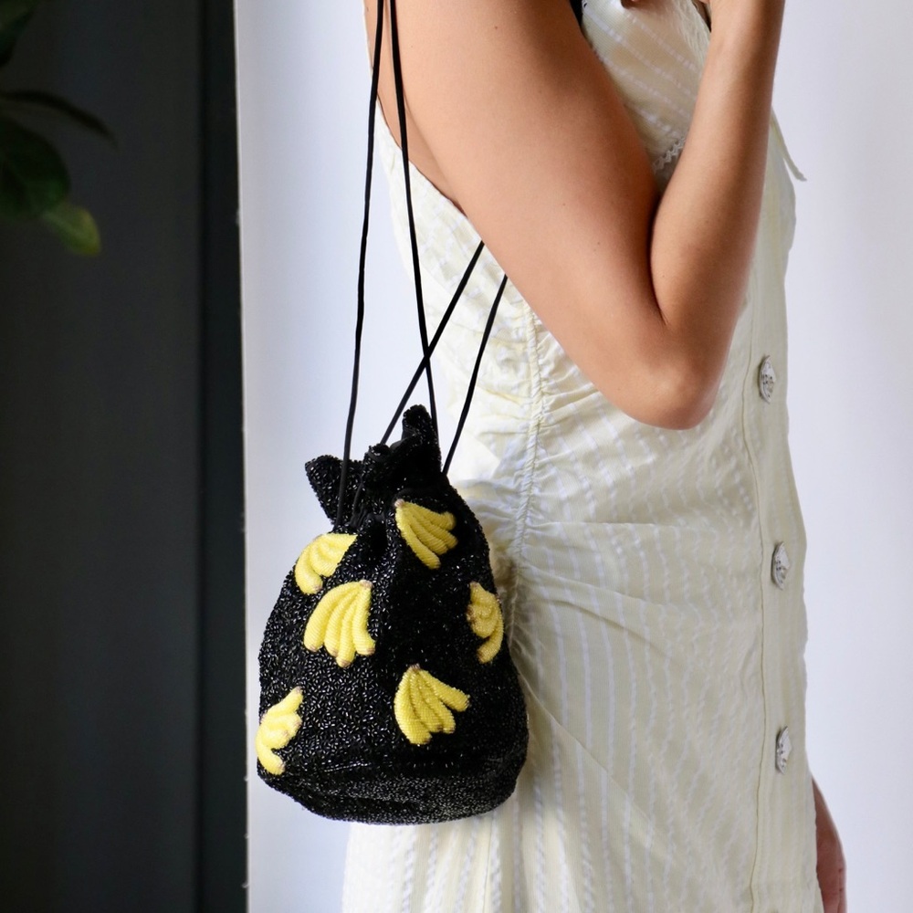 Ganni Black and Yellow Mini Bag with Playful glass beaded bananas. BNWT